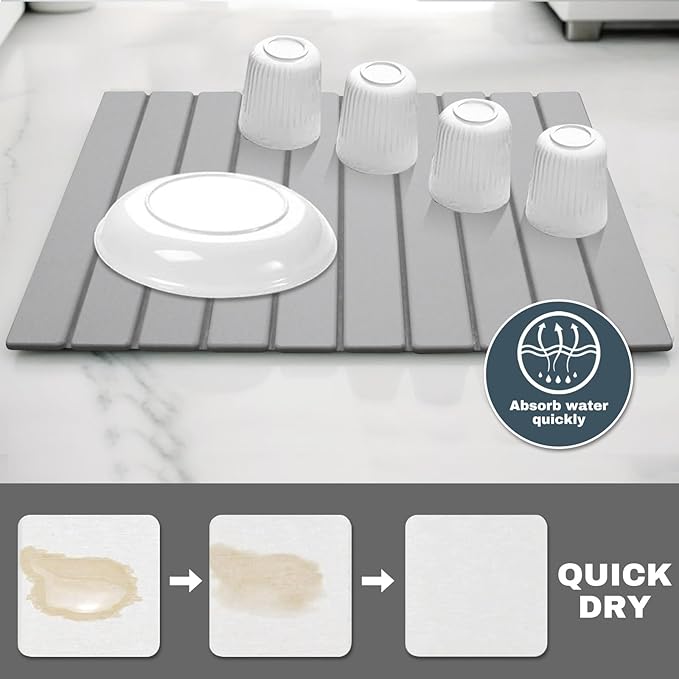 AIFLM Large Stone Dish Drying Mats for Kitchen Counter , Quick Dry Absorbent Collapsible Dish Drying Mat, 24”(L)x16”(W) Diatomaceous Earth Mats for Dishes Bottles Cups,Match Any Countertop