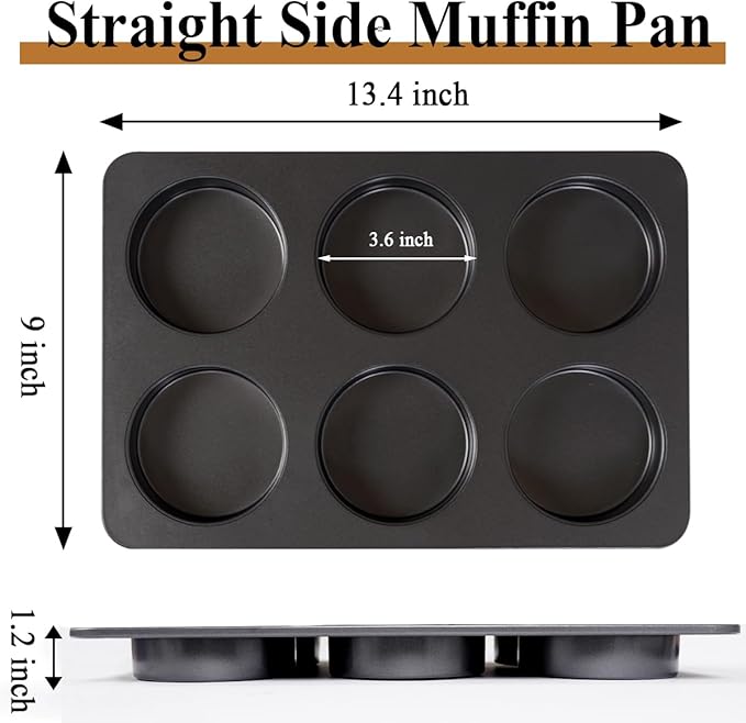 2 Pcs English Muffin Pans, 3.6 Inch Non-Stick 6 Cup Straight Side Cupcake Pan, Hamburger Bun Pan for Baking Muffin Egg Sandwich Frittata Cinnamon Roll (Lid NOT Included)