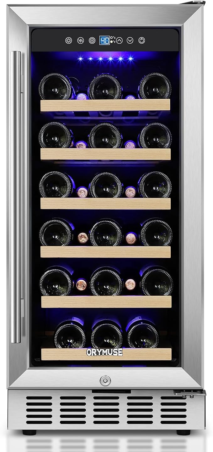 ORYMUSE 15 Inch Wine Cooler Under Counter, 30 Bottle Wine Fridge with Stainless Steel Glass Door, Built-In or Freestanding Wine Cellar with Removable Shelves and Digital Temperature Control
