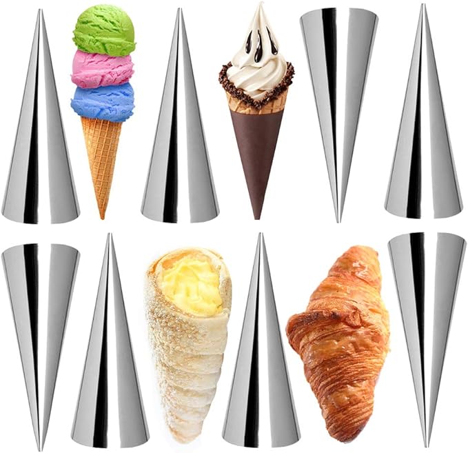 Kslong Cream Horn Molds 12pcs Large Size 4.7 inch Baking Cones Stainless Steel Roll Horn Forms Conical Danish Pastry Croissant Cones Moulds