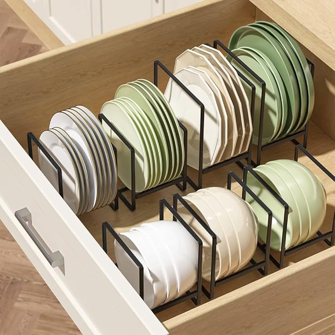 2 Pack Kitchen Plate Holder Organizer for Cabinet Space Saver, Kitchen Dish Storage Drying Racks, Metal Upright Dish Stand for Counter Cupboard (Black)
