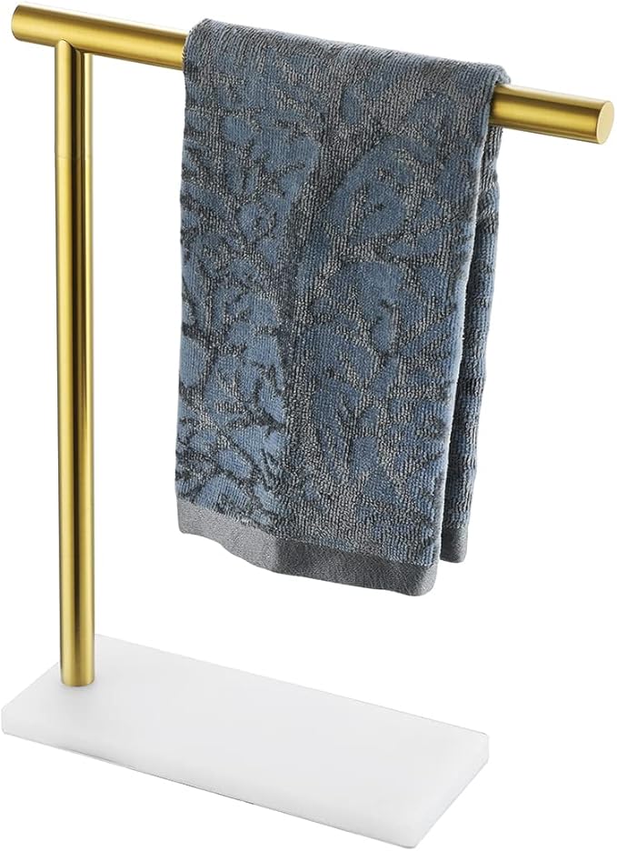 JQK Hand Towel Holder Stand Brushed Gold, Modern Tree Rack Free Standing for Countertop with 12 Inch Bar, 304 Stainless Steel Thicken 0.8mm White Base, HTT170-WG
