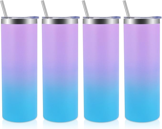 Volhoply 4 Pack Skinny Tumblers with Lid and Straw, 20oz Stainless Steel Straight Tumbler Bulk, Vacuum Insulated Coffee Mug for Home, Office, Travel, DIY (Lavender,4 Pack)