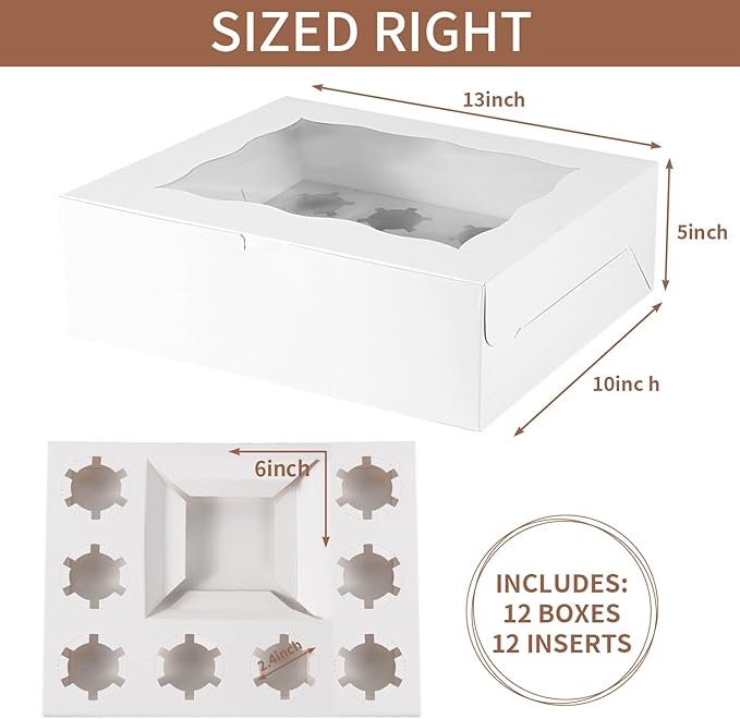 Bento Cake Box With Cupcakes, Clear Window 9 Holes Bento Combination,12 Sets: Cookie Boxes Fit 8 Regular Cupcake and Mini Cakes, Christmas Wedding Birthday Party (White/clear, 1+8/12pcs)