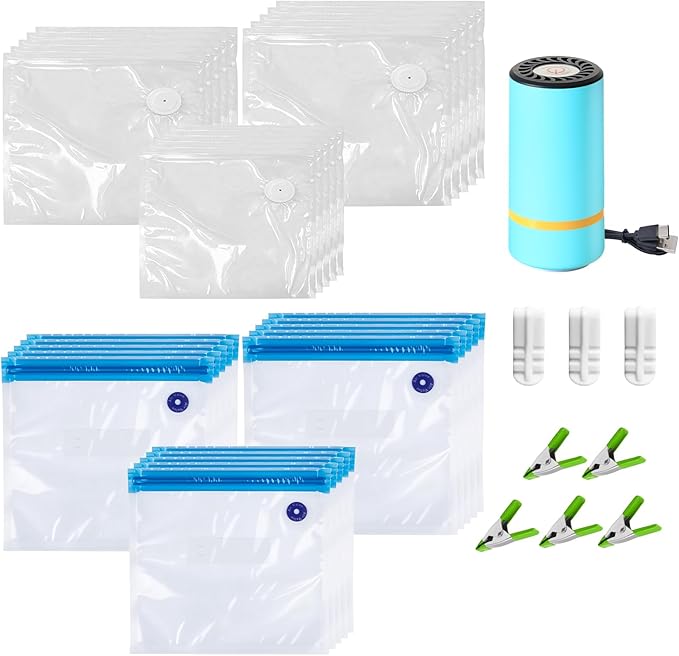 39-Pack BPA-Free Vacuum Sealer Bags with Pump Included – 3 Sizes, Reusable Meal Bags with & Without Air Valves for Freshness – Microwave & Freezer Safe for Meal Prep & Food Storage