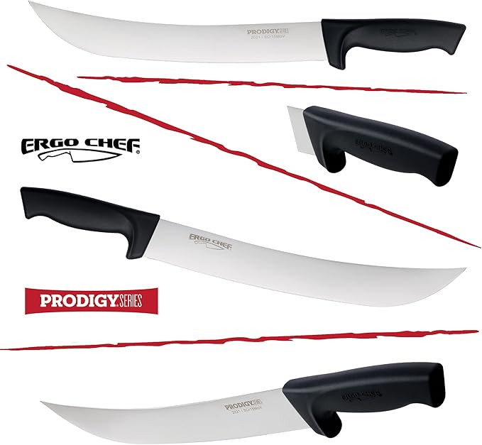 Ergo Chef Prodigy Series 12-Inch Cimeter Breaking Knife - High Carbon Stainless Steel Butcher Knife with Curved Blade, Ergonomic Non-Slip Handle, Black