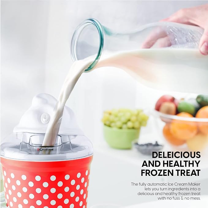 Euro Cuisine Ice Cream, Sorbet & Frozen Yogurt Maker, Homemade Gelato & Soft Serve Kids Ice Cream Maker Machine with 4 Glass Cups - Double-Insulated Freezer Bowl, Mixing Paddle, Lid - 1.5 Quart