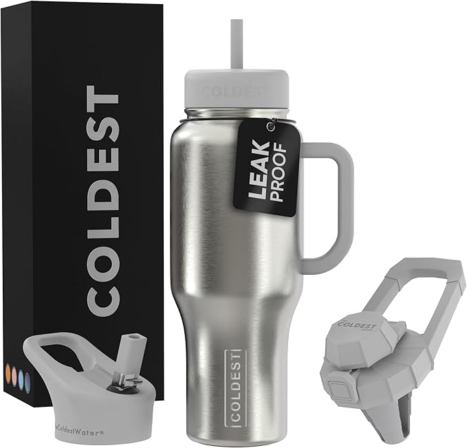 Coldest Tumbler with Handle and Straw - 100% Leak Proof Insulated Tumbler with Lid and Straw (3 Lids) - Stainless Steel Tumblers for Women & Men, Cup Holder Friendly Base, 36 oz (Polished Steel)