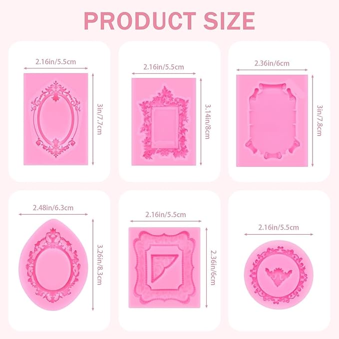 6 PCS Photo Frame Silicone Molds Frame Chocolate Silicone Molds Vintage Style Picture Frame Moulds for Cake Decorating Cupcake Topper Chocolate Candy Polymer Clay