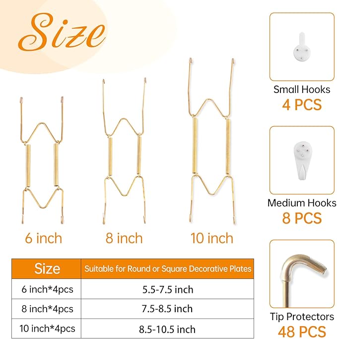 Bilillo 12 pcs Plate Hangers for The Wall, 6/8/10 Inch Invisible Decorative Wall Plate Hangers, Stainless Steel Plates Walls Hanger for Display Various Sizes with Hooks for Decorative