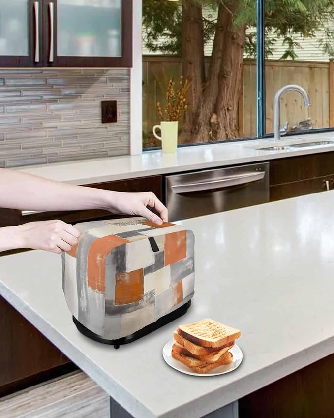 Burnt Orange Grey Toaster Cover 2 Slice, Oil Painting Modern Dustproof Bakeware Oven Protector with Top Hook, Abstract Art Waterproof Small Kitchen Appliance Toasters Dust Cover, 12"x7.5"x8"
