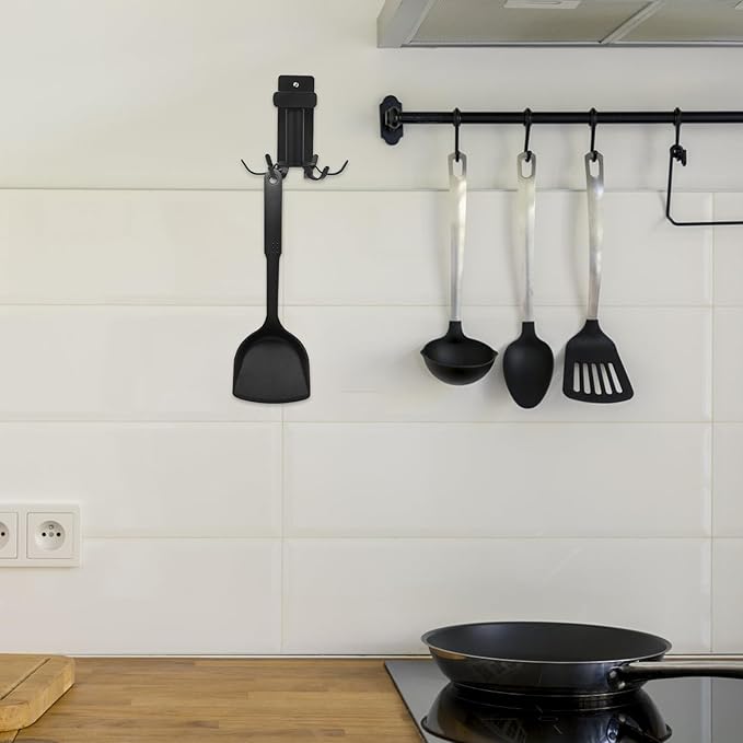 PRETYZOOM Wall Mounted Rotating Kitchen Utensil Hooks Rack, Black 6-Hook Organizer for Cooking Utensils, Space-Saving Hanging Holder for Kitchen and Bathroom Storage