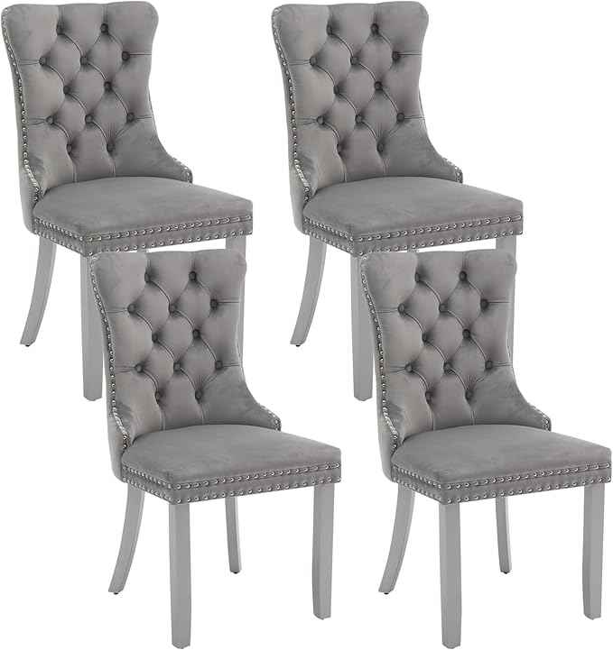 Velvet Dining Chairs Set of 4, Kitchen & Dining Room Chairs, Upholstered Dining Chairs with Back Ring Pull and Silver Solid Wood Legs, Modern Tufted Kitchen Chairs for Dining Room, Light Grey
