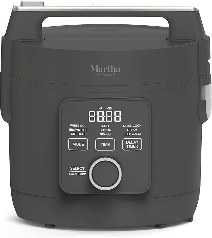 Martha Stewart Rice Cooker, 4 Cup (Uncooked) / 8 Cup (Cooked), Ceramic Non-Stick Removable Pot, Keep Warm, Measure Markings, Steam Basket, Brown & Sushi Rice, Quick Cook, Quinoa, Grains, Oats, Caviar Gray