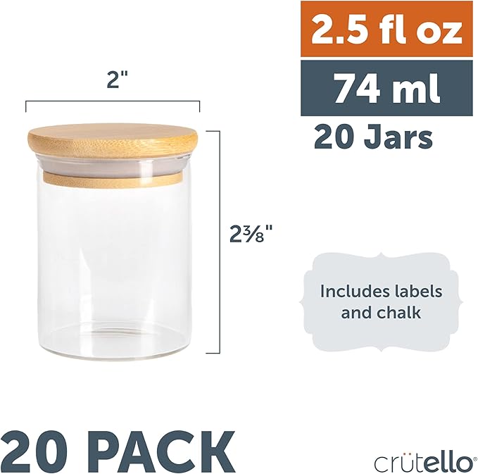 Crutello 20 Pack 2.5 Oz Mini Spice Jars with Bamboo Lids, Dishwasher Safe Jars for Spices, Honey, Beans, Rice, Party Favors | Crutello is a Family-Owned American Brand