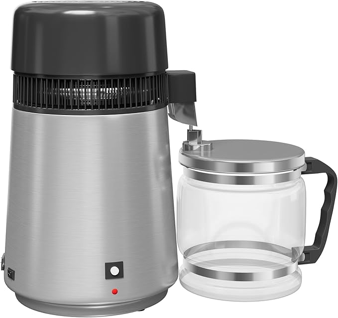 GarveeHome Water Distillers for Home Countertop, 1 gal/4 L Stainless Steel Distilled Water Machine with Glass Container, 750W Desktop Drinking Purifier Filter Distilling Kit, Silver