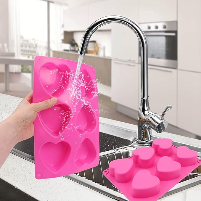 BAKER DEPOT 6 Holes Heart Shaped Silicone Mold For Chocolate Cake Jelly Pudding Handmade Soap Mould Candy Making Set of 2