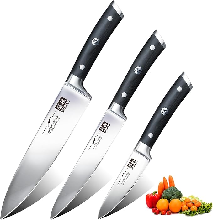 SHAN ZU Kitchen Knife Sets 3pcs, Professional German 5Cr15MoV Stainless Steel, High Carbon Steel Knives Sets, Ultra Sharp Ergonomic Wood Handle & Full Tang Design, Gift Box Included