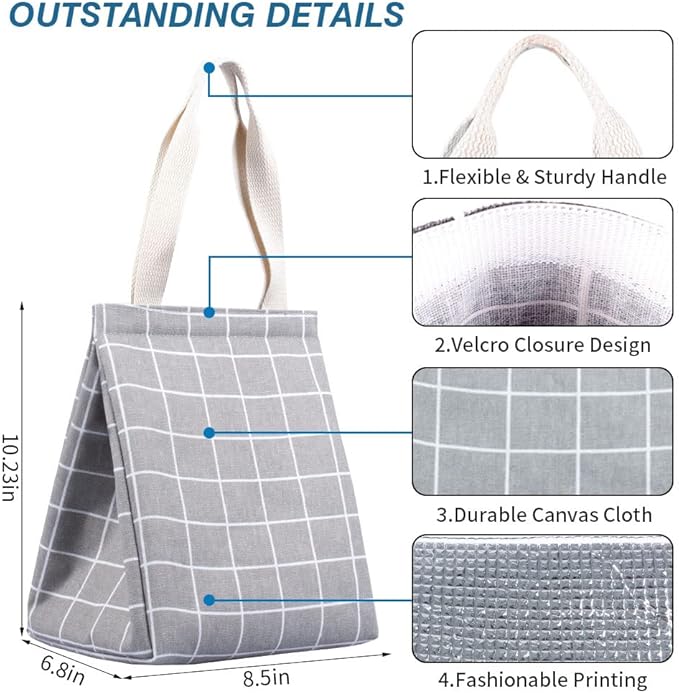 iknoe Insulated Lunch Bag for Women & Adults, 9L Foldable Wide-Open Cooler Bag with Pockets, Leakproof & Portable, for Picnic, Office, Beach(Gray grid)