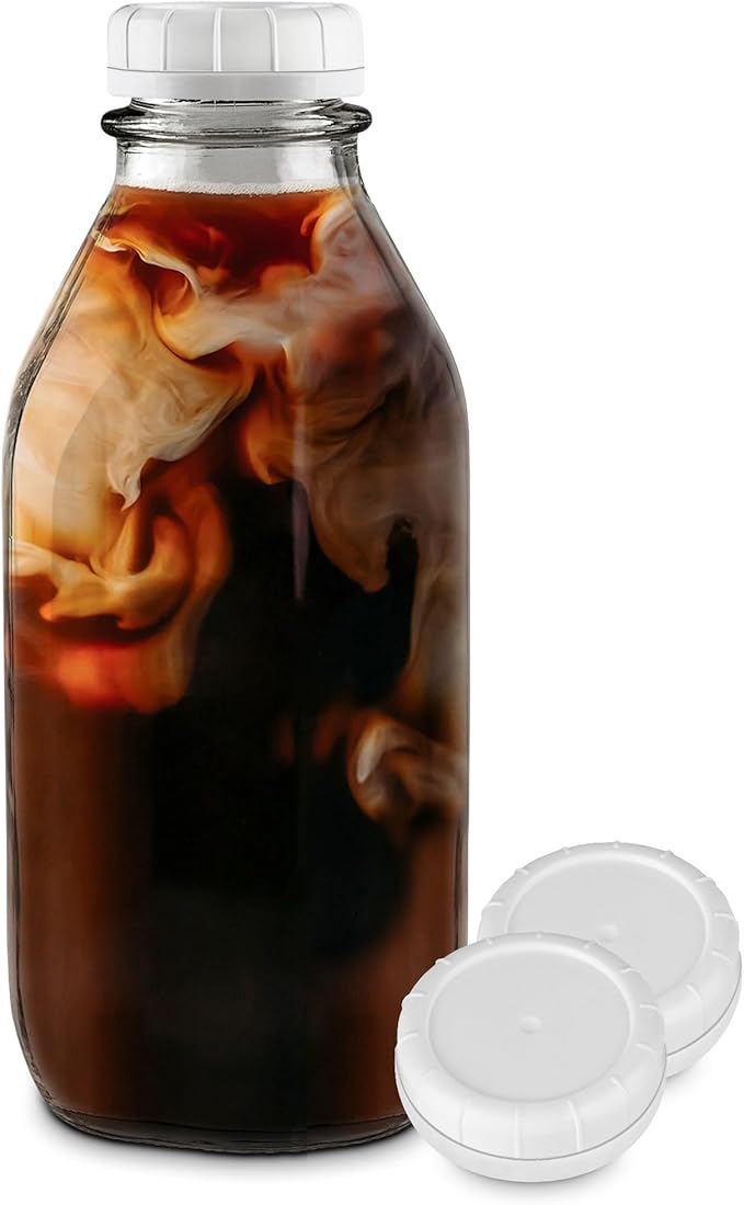 Stock Your Home Liter Glass Milk Bottle with Lid (1 Pack) 32 Oz Jugs and 3 White Caps, Reusable Food Grade Milk Container for Refrigerator, Bottles for Juice, Oat or Plant Milks, Water, Honey