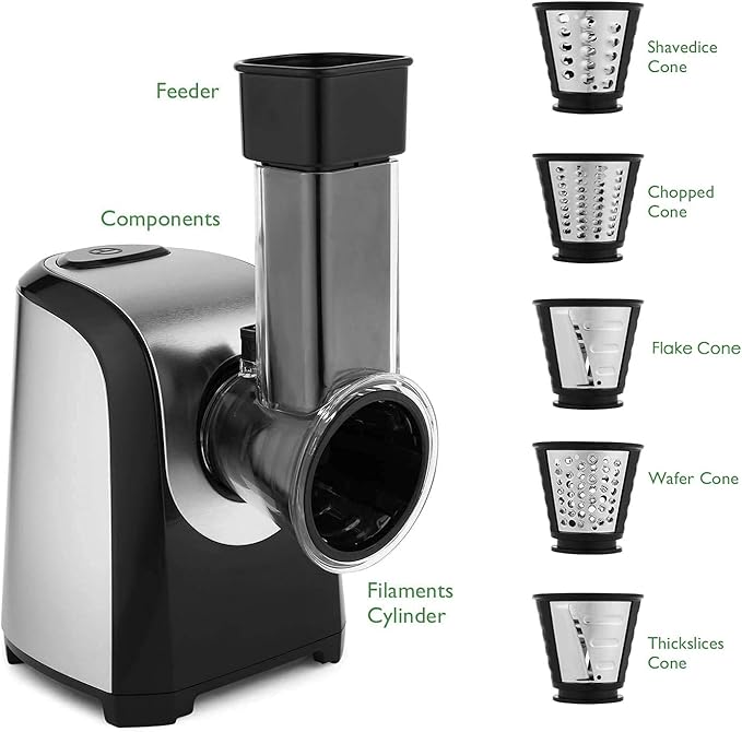 Electric Cheese Grater 150W Salad Maker 5 Different Shapes of Blades for Slicing/Shredding/Grinding, Compact Kitchen Electric Slicer Shredder for Block Cheese, Vegetables, Fruit, Carrots
