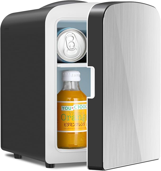 Antarctic Star Compact Refrigerator, Portable Mini Fridge, Skin Care 4L Capacity/6 Cans, for Bedroom, Car, Office & Dorm, Small Cooler for Cosmetics, Magnetic Brushed Stainless Steel Door,Black
