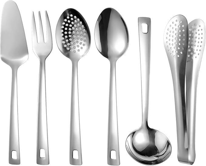 6 PCS Stainless Steel Serving Utensils, 10 Inch Serving Spoons for Buffet Large Hosting Metal Spoons, Silverware Set Tongs for Serving Food Parties Catering