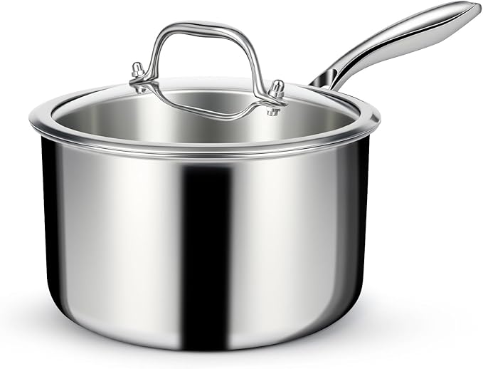 EWFEN 3 Ply Stainless Steel Saucepan with Lid, 3 Quart Multipurpose Cooking Pot, Stay-Cool Handle, Induction Oven Dishwasher Safe, 3 QT