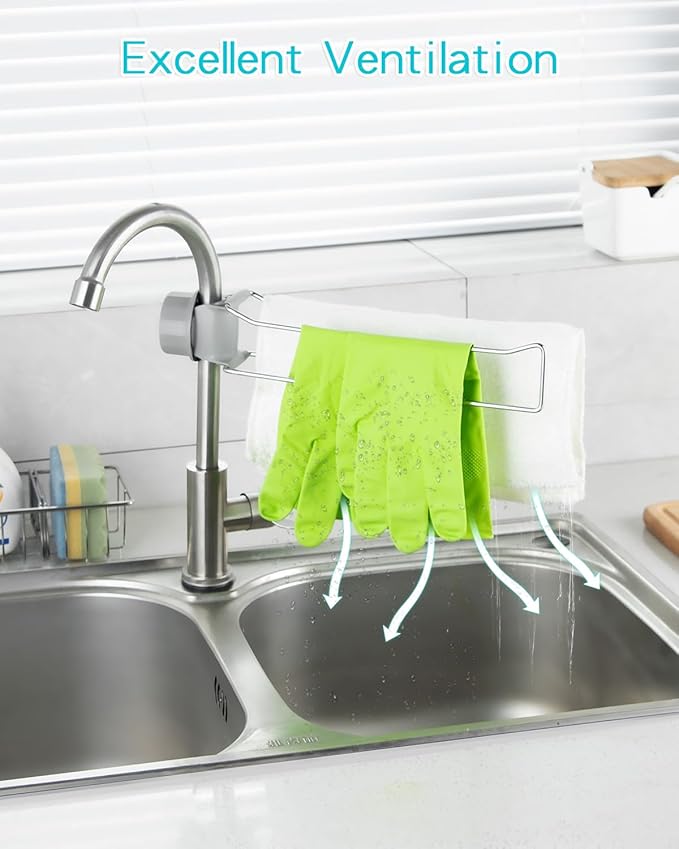 Kitchen Sink Towel Holder, Stainless Steel Dish Cloth Rack, Adjustable Faucet Mount Drying Hanger for Dishrag, Gloves, Gray