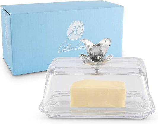 Arthur Court Glass Butter Dish with Lid Magnolia Flower Knob | Classic 2-Piece Design Covered Butter Keeper | Covers and Holds a Standard Stick of Butter | Spring Southern Décor