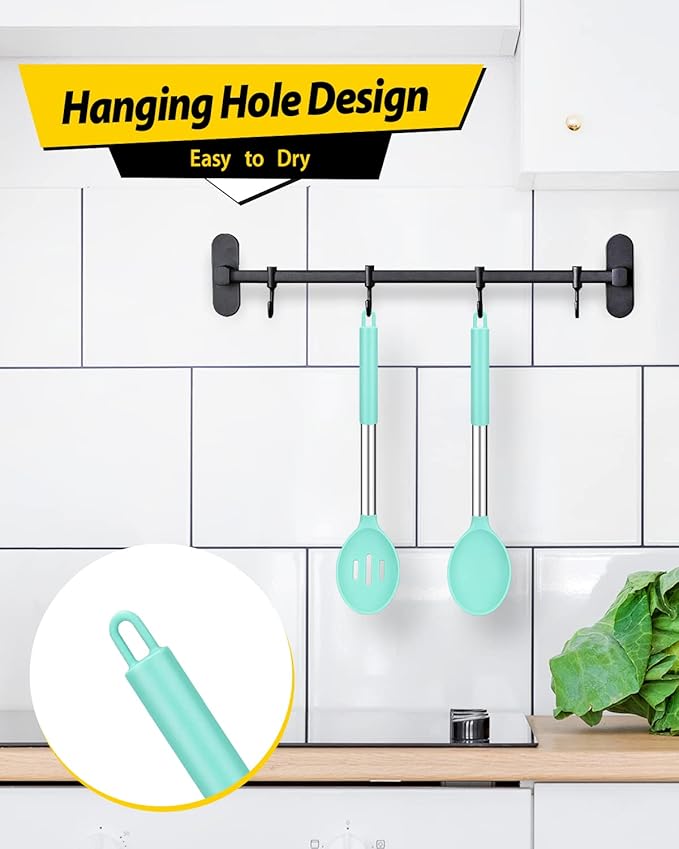 Pack of 2 Large Silicone Cooking Spoons,Non Stick Solid Basting Spoon,Heat-Resistant Kitchen Utensils for Mixing,Serving,Draining,Stirring (GREEN)