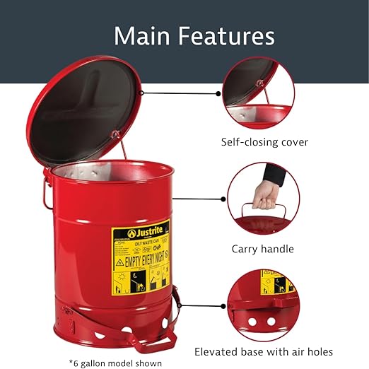 Justrite 14 Gallon Galvanized Steel Oily Waste Can, 20" x 16" Metal Oil Rag Safety Can with Quiet Foot Operated Self-Closing Lid for Oil Rag Disposal, Made in The USA, Red, 09508