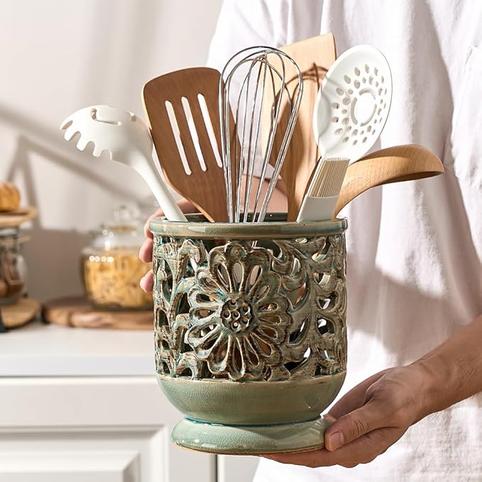 Farmhouse Kitchen Utensil Holder for Countertop, Ceramic Large Cooking Utensil Crock with Cork Mat, Decorative Rustic Utensil Holder for Kitchen Counter, Hollow Carving Flower, Blue