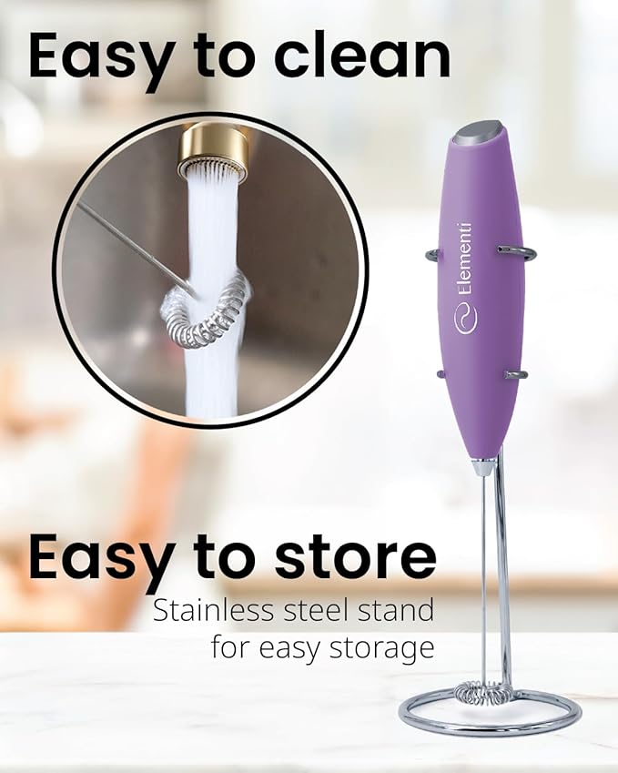 Elementi Milk Frother Wand & Drink Mixer with Stand - Turbo Milk & Coffee Frother Handheld - Hand Held Coffee Mixer Wand & Cold Foam Maker for Frothy Cappuccinos, Lattes & Drink Mixes (Lavender)