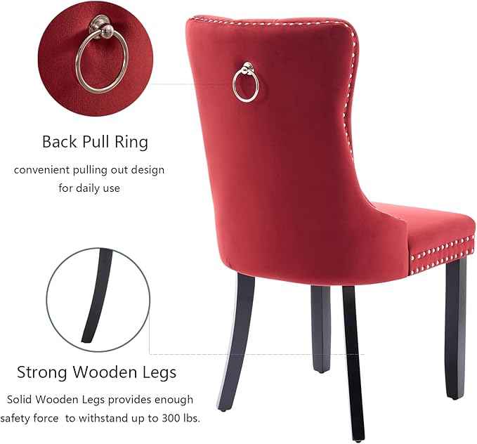 Velvet Dining Chairs Set of 2, Upholstered Dining Room Chairs with Back Ring Pull Trim and Solid Wood Legs,Tufted Wingback Kitchen Chairs for Dining Room,Kitchen(Wine Red)