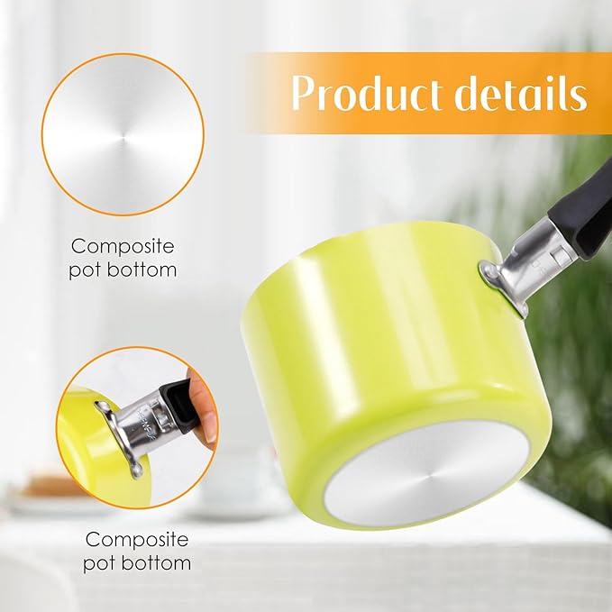 Mini Saucepan, 0.5QT Green Nonstick Butter Warmer with Handle 2 Pour Spouts Multi Milk Pot Stockpot Practical Small Melting Pot