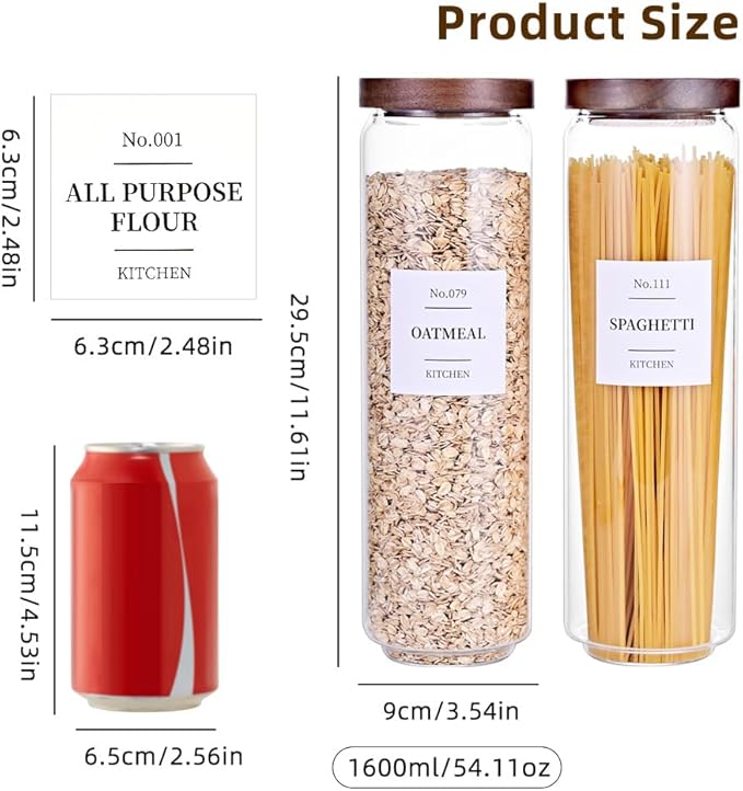 Tzerotone Glass Pantry Storage Jars with Acacia Airtight Lid, 50 OZ Kitchen Canisters with Wood Lid and 132 Pantry Labels, Food Storage Containers Set of 3