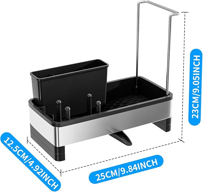 Sponge Holder for Kitchen Sink,Sink Caddy Organizer with Removable Brush Holder,Kitchen Countertop Soap Dispenser Storage with Detachable Towel Rack,Black