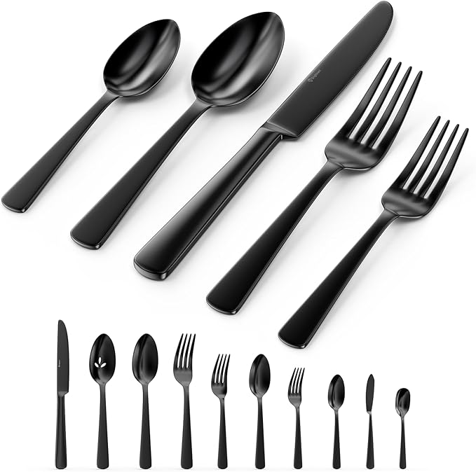 Black Silverware Set, 45-Piece Flatware Set Service for 8, Durable Stainless Steel, Mirror Polished Tableware Eating Cutlery Set, Kitchen Utensils Set with Steak Knives, Dishwasher Safe