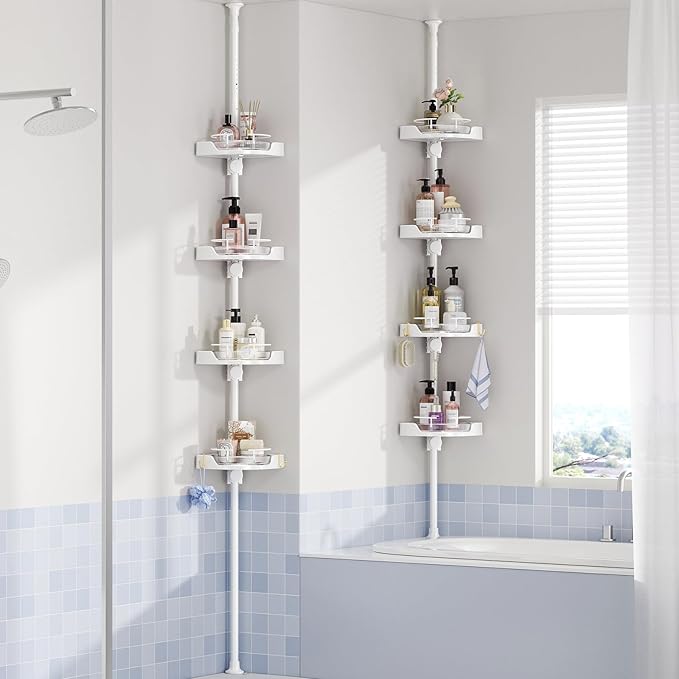 shuang qing 360° Rotating Corner Shower Caddy Tension Pole Organizer - 4-Tier Adjustable Rustproof Metal Pole, Plastic Shelves with Safety Guardrail, Bathroom Storage for Shower & Bathtub(White)