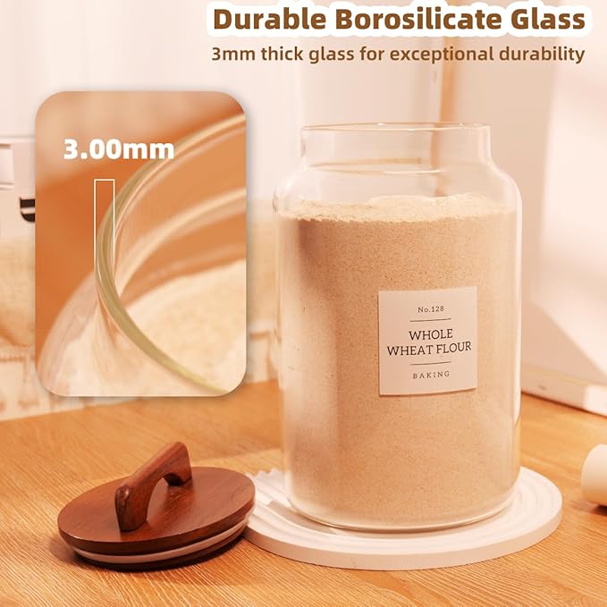 2 Pack Large Glass Flour and Sugar Containers with 132 Pantry Labels - 1 Gallon Glass Canisters with Bamboo Airtight Lids - Farmhouse Glass Cookie Jars for Rice, Pasta, Cereal, Bath Salt