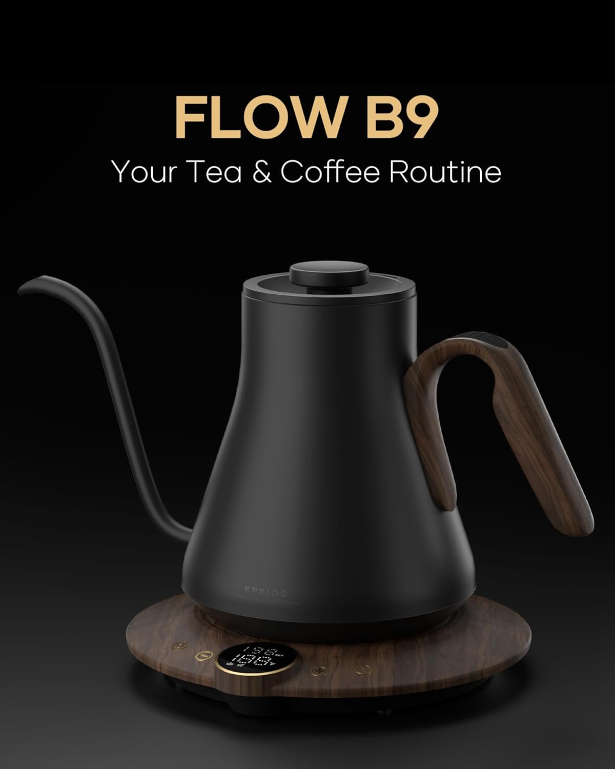 Cocinare FLOW B9 Gooseneck Electric Kettle, Precise Temperature Control for Pour-Over Coffee & Tea Brewing, Stainless Steel Interior, Rapid Heating for Boiling Water 1500W/0.9L (Black Wooden)
