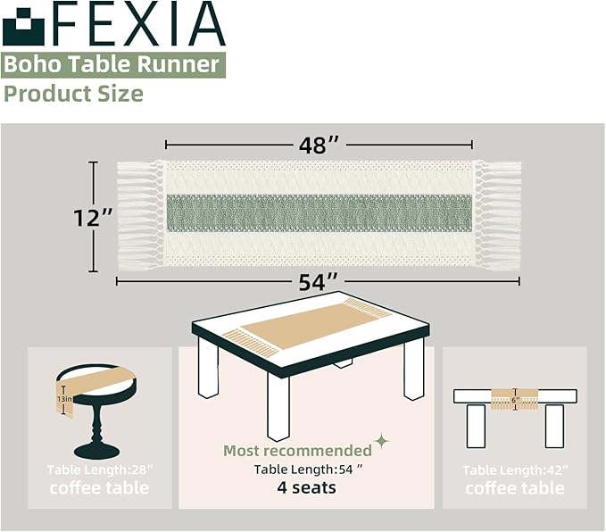 FEXIA Sage Green Table Runner 48 Inches Long with Tassels Boho Macrame Farmhouse Table Runners for Home Decor Party Bohemian Rustic Bridal Shower Dining Decorations (12x48 Inches)