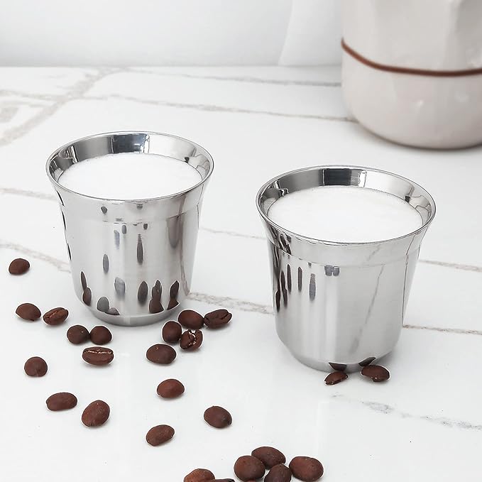 Easyworkz Stainless Steel Espresso Cup 2pcs Set Double Wall 5 oz, Bundled Espresso Steaming Pitcher Stainless Steel 15 oz Coffee Frothing Picther Milk Jug Cappuccino Latte Art Cup