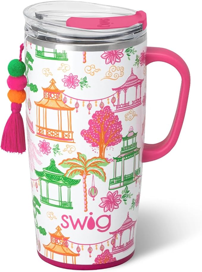 Swig Life 22oz Travel Mug, Insulated Tumbler with Handle and Lid, Travel Coffee Mug, Cup Holder Friendly, Stainless Steel 22 oz Tumbler, Reusable Insulated with Lid (Pagoda Paradise)