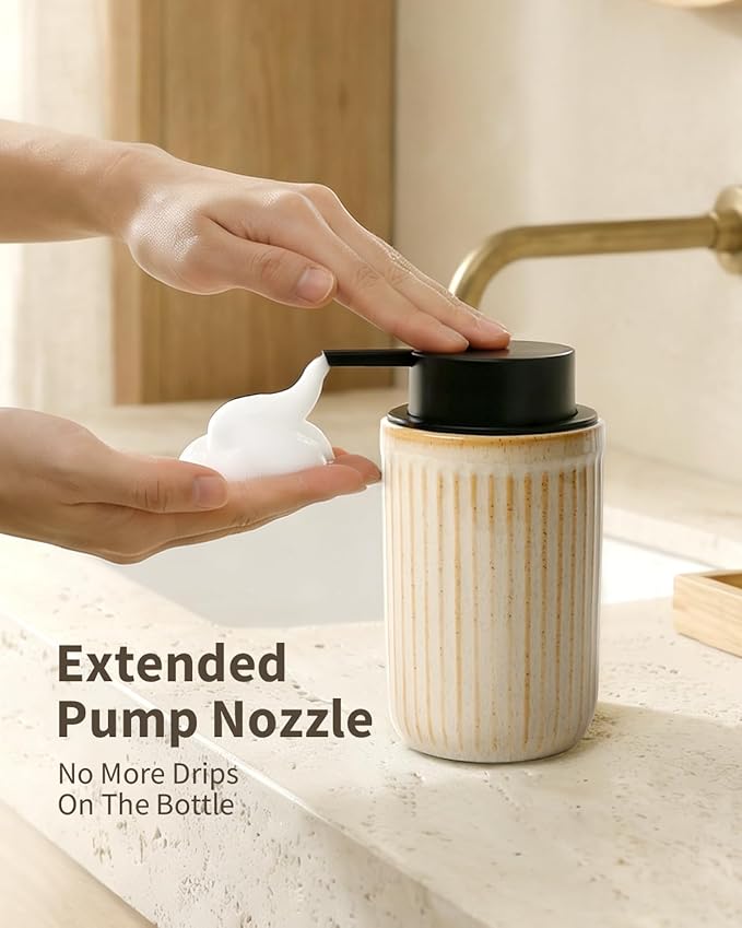 BosilunLife Foam Hand Soap Dispenser - Ceramic Foaming Soap Dispenser for Bathroom 12oz Refillable Liquid Lotion Soap Dispenser with Rust-Proof Foaming Pump for Countertop, Greige