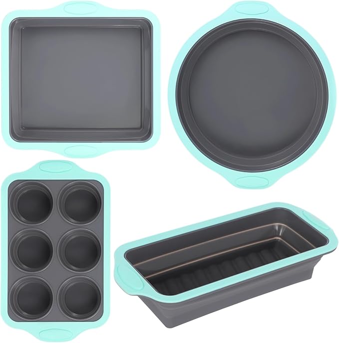 4PCS Silicone Baking Pan Set, Stackable Nonstick Baking Pans Set with Long-lasting Grip Handles & Metal Reinforced Frame, Kitchen Baking Kit for Baking Muffin, Loaf, Round & Square Cake Pans