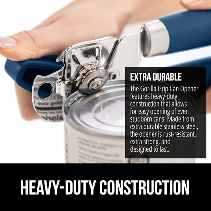 GORILLA GRIP Heavy Duty Stainless Steel Smooth Edge Manual Can Opener and Bottle Openers, Soft Comfortable Handle, Oversized Handheld Turn Knob, US Designed Multifunctional Kitchen Tool, Blue