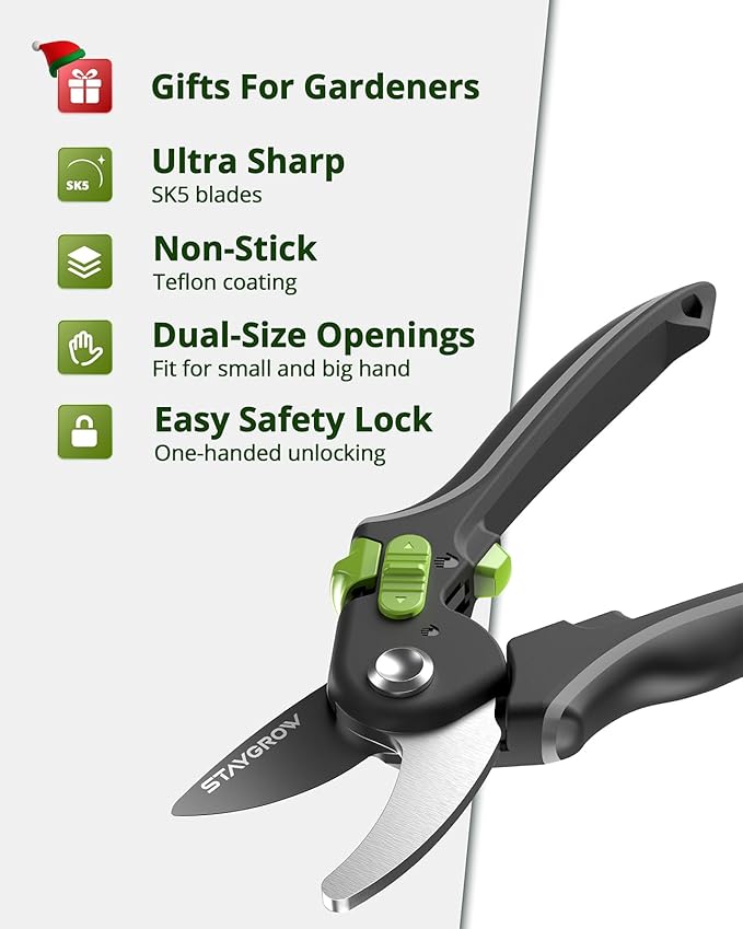 Pruning Shears for Gardening 2 Pack, 8.5" Bypass Garden Clippers and 6.5" Curved Garden Shears, Pruners with Super Sharp Stainless Steel Blades, Safety Lock, Gardening Gifts for Men Women