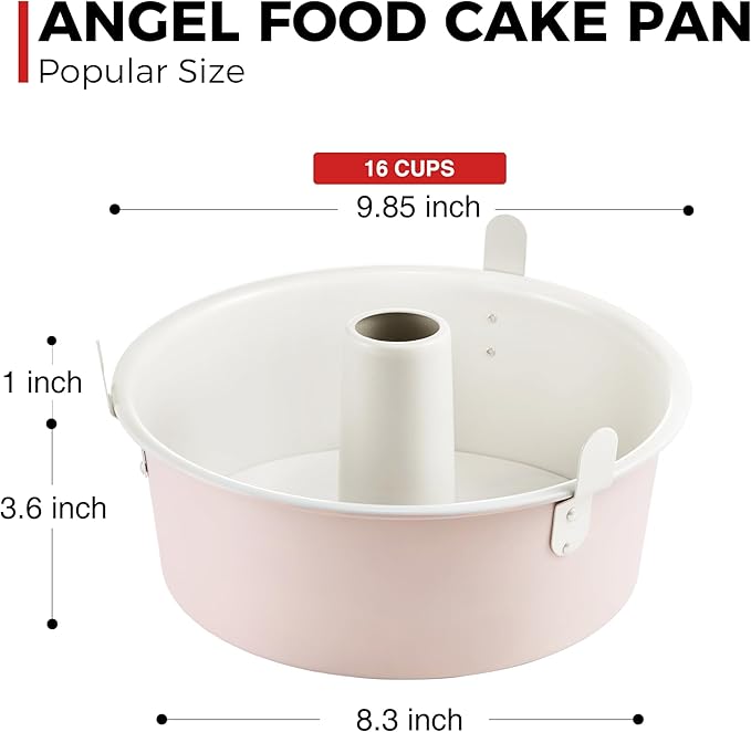 HONGBAKE Nonstick Angel Food Cake Pan with Removable Bottom, 10 Inch Tube Pound Cake Pans for Baking Chiffon Cake, 16-Cup, Heavy Duty, Pink
